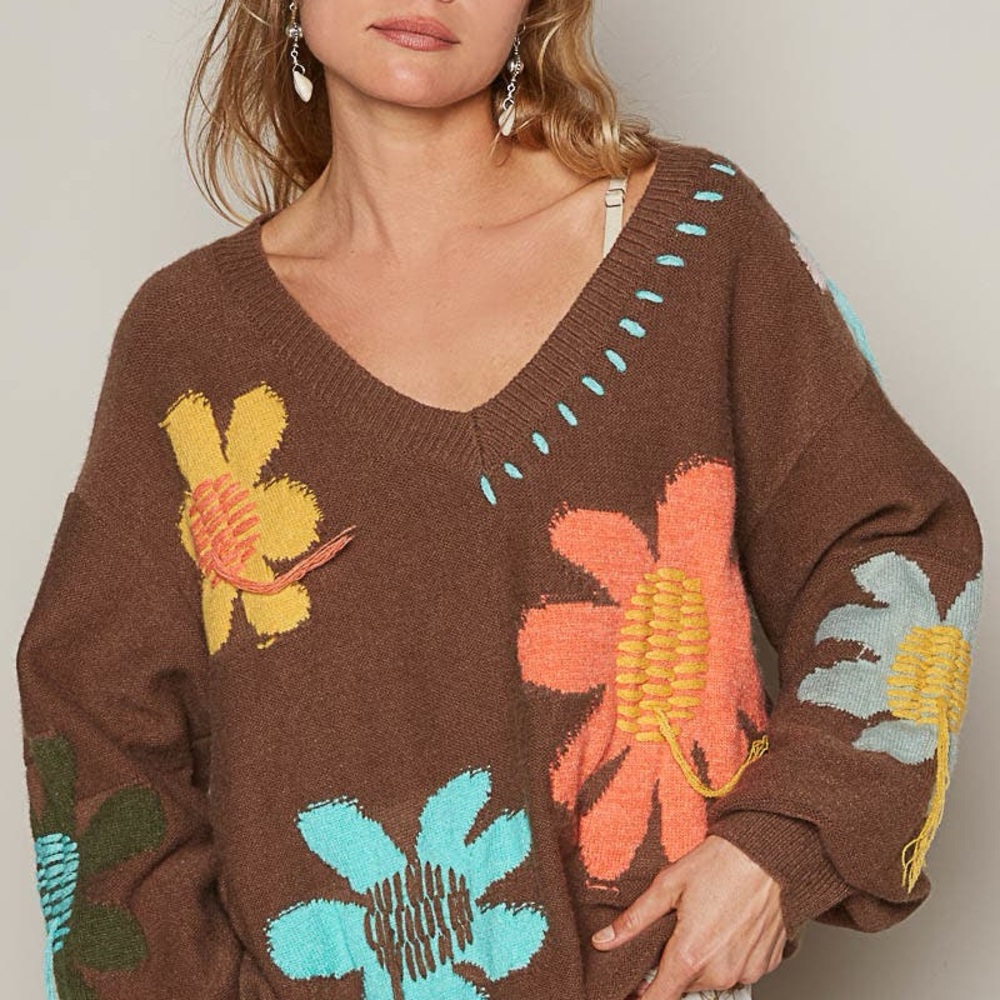 POL Groovy Bloom Balloon Sleeve Floral Sweater